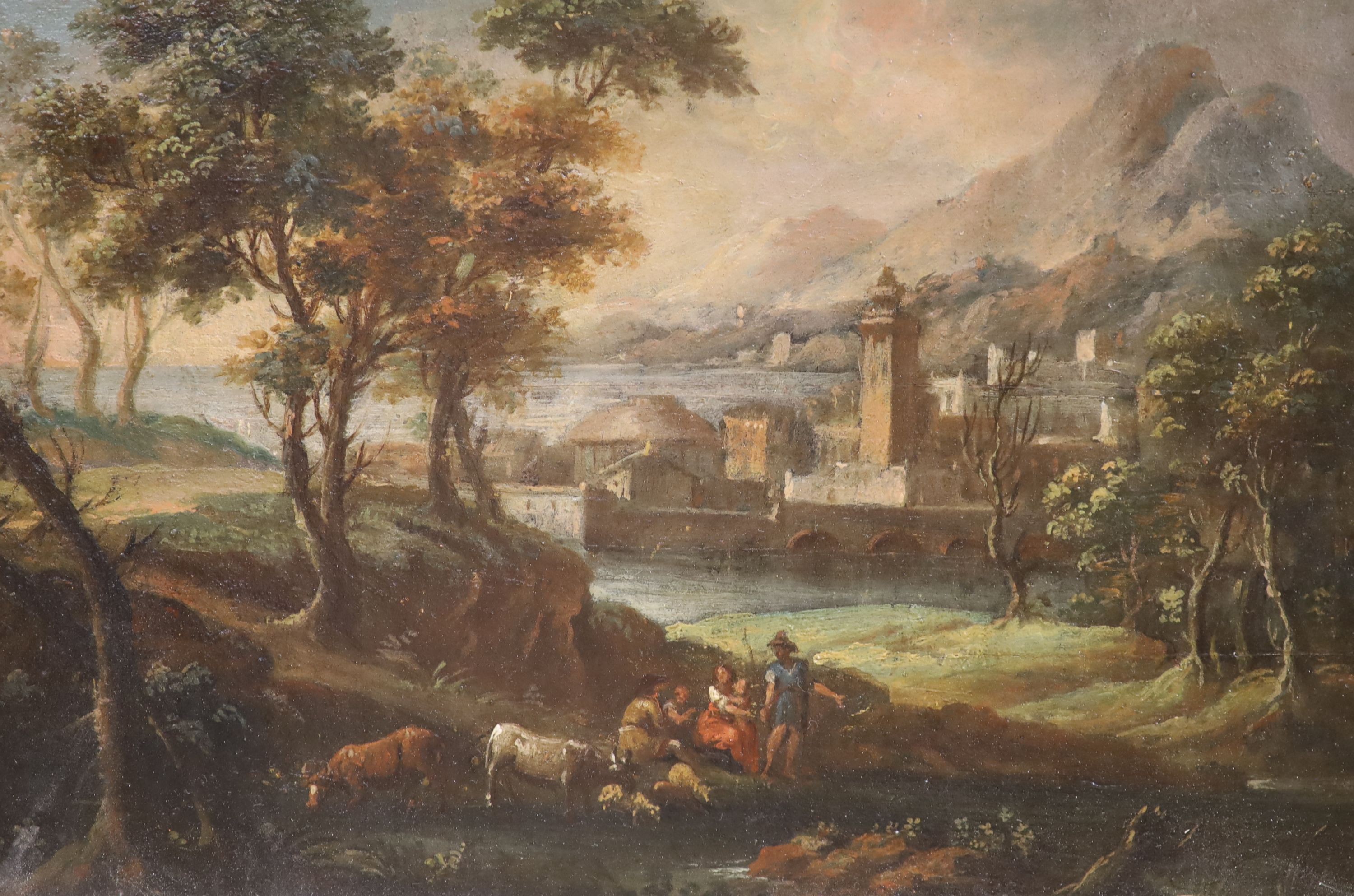 Italian School, pair of oils on board, 17th century landscapes with travellers and cattle drover, 22 x 33cm